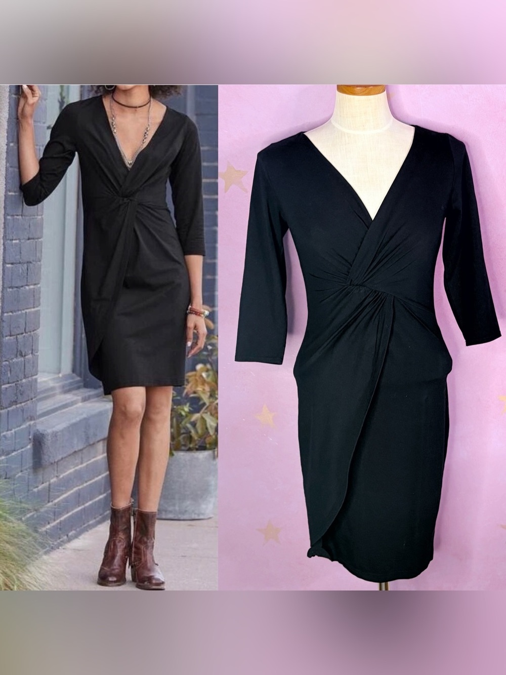 Sundance Women’s XS Black Dress Faux Wrap 3/4 Sleeve V-Neck Iconic Evening LBD